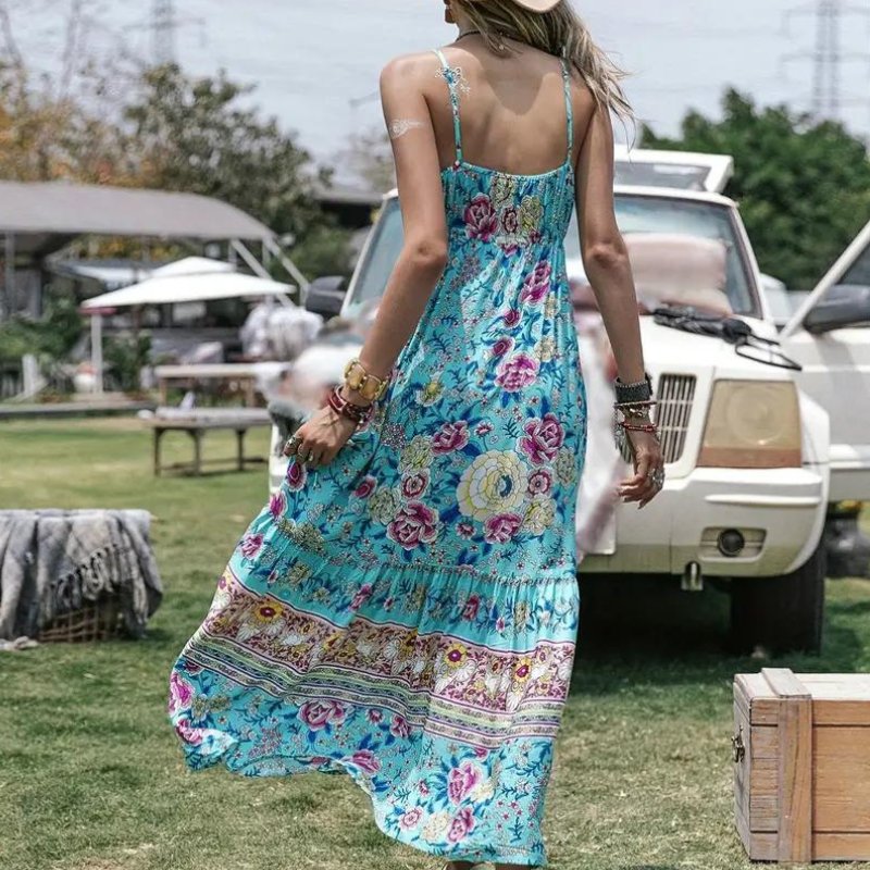 Abito Maxi Stile Bohémien con Stampa Floreale