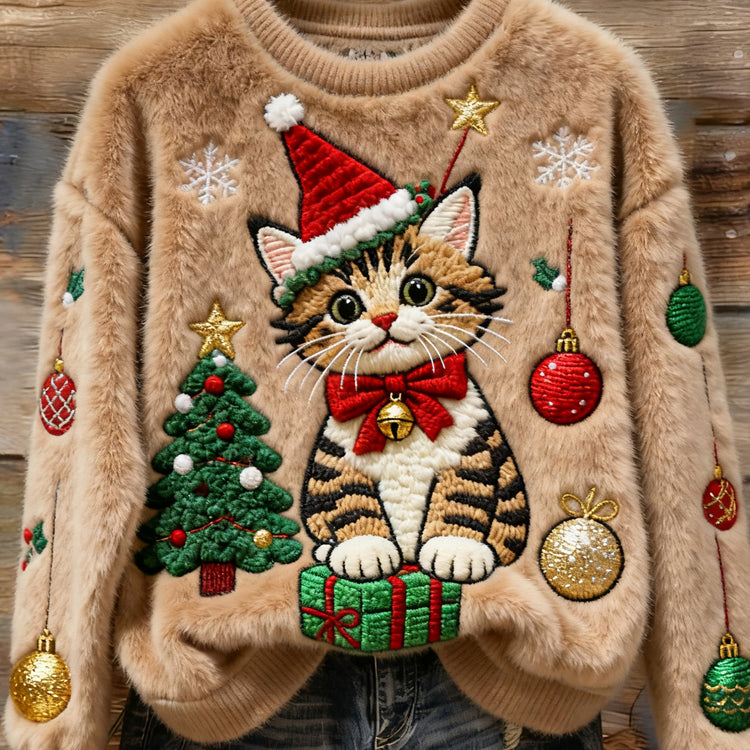 Maglione morbido in peluche ricamato con albero di Natale e gatto per donne