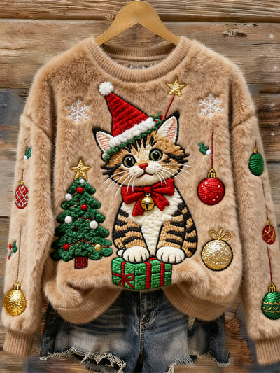 Maglione morbido in peluche ricamato con albero di Natale e gatto per donne