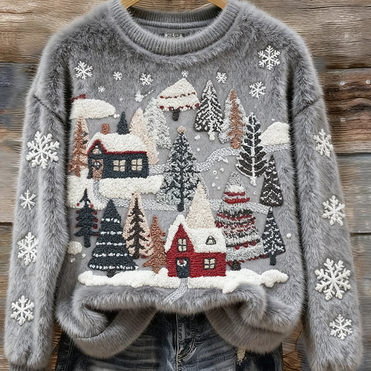 Maglione Morbido e Confortevole con Ricamo di Scena Innevata di Natale per Donne