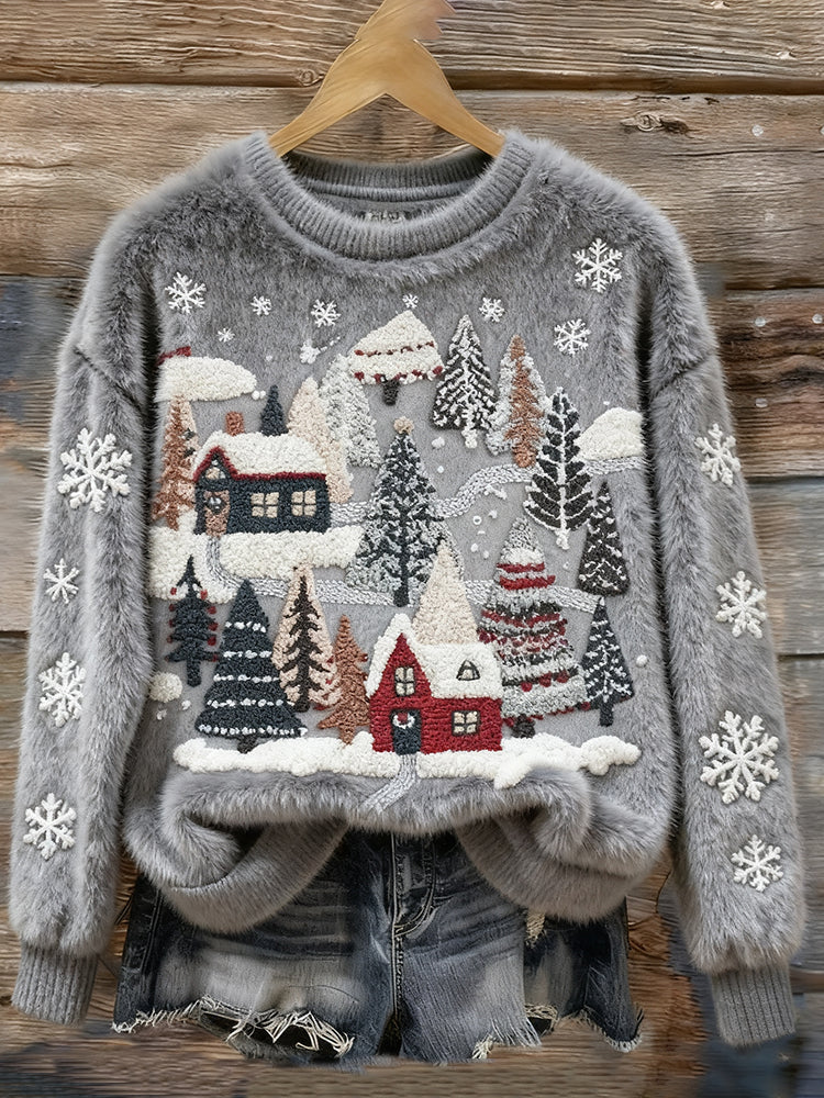 Maglione Morbido e Confortevole con Ricamo di Scena Innevata di Natale per Donne