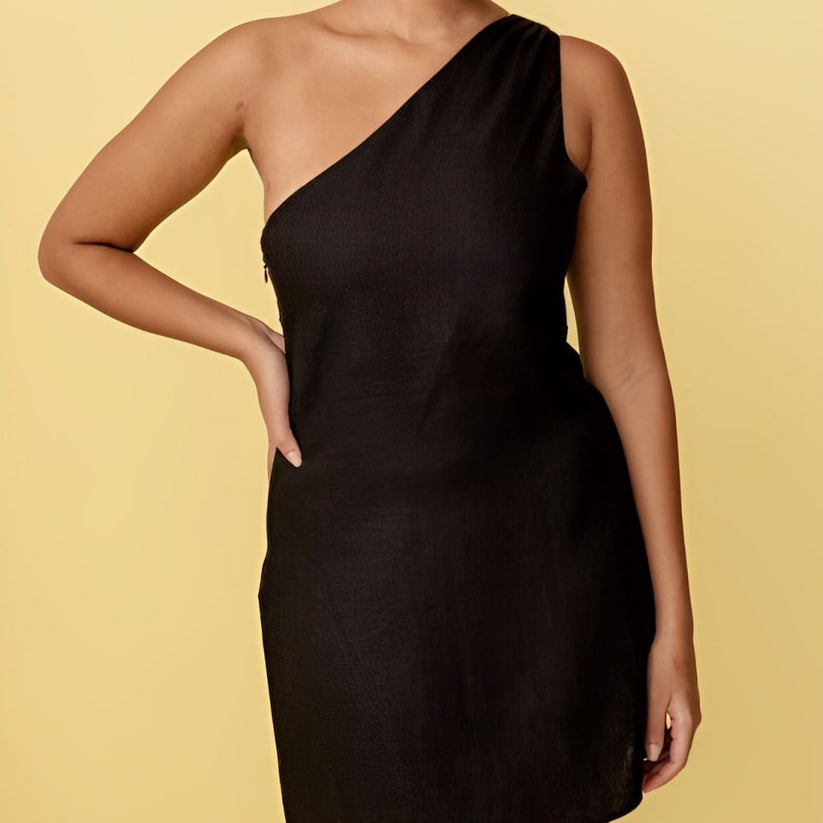 Abito Mini Monospalla in Lino con Scollo Asimmetrico