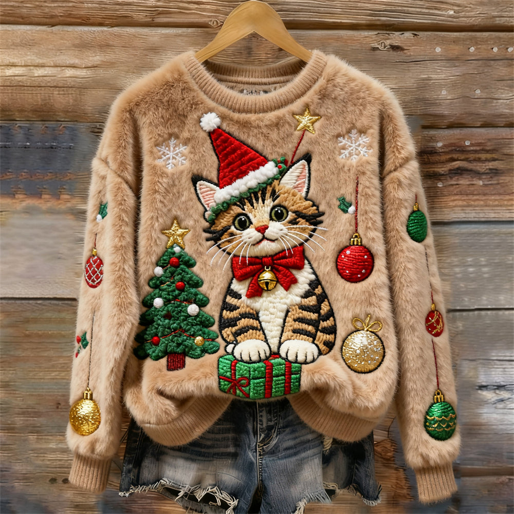 Maglione morbido in peluche ricamato con albero di Natale e gatto per donne