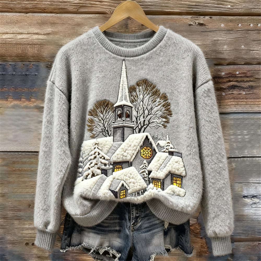 Maglione in Pile da Donna con Ricamo di Scena Natalizia e Casa