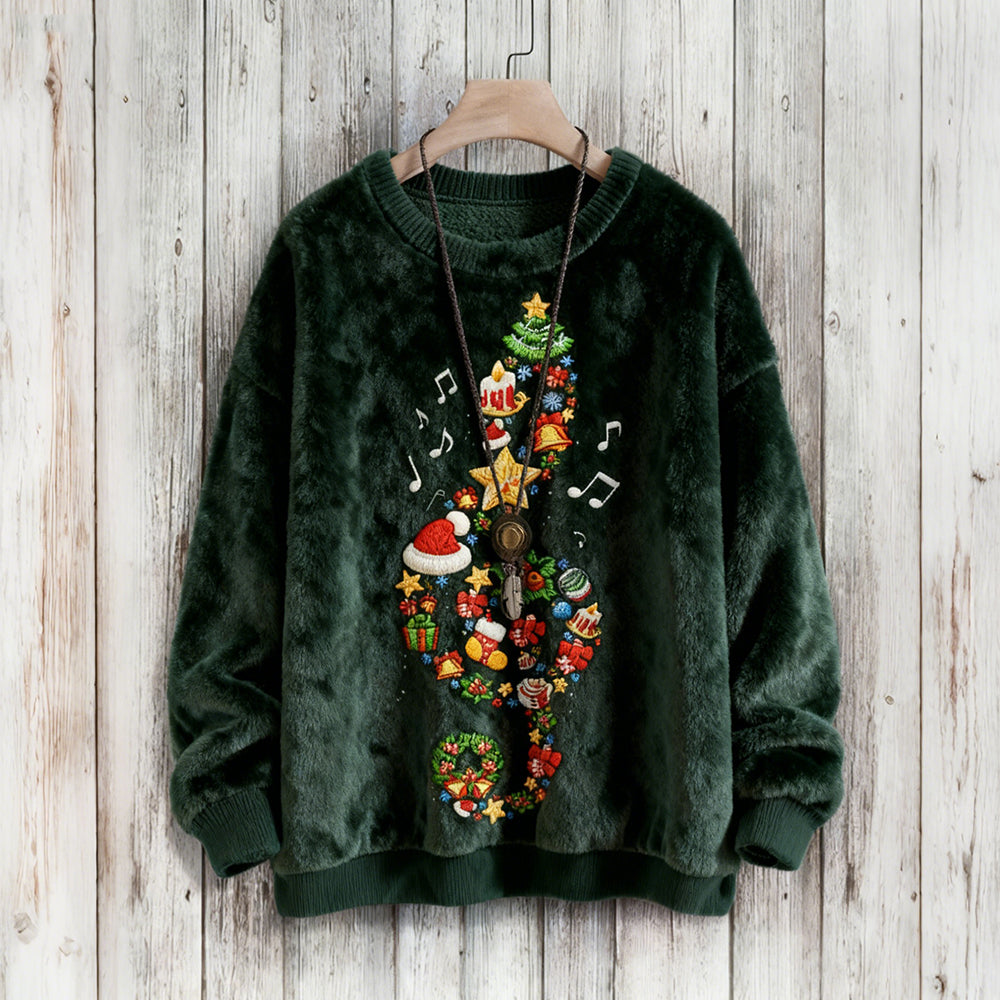 Felpa in Pile Confortevole con Design Ricamato di Musica e Chiave di Violino Natalizia