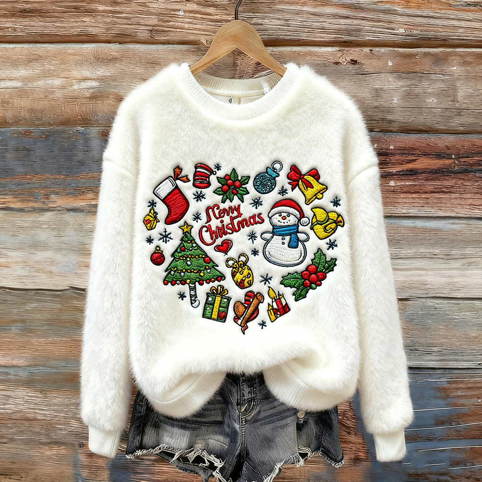 Felpa in flanella accogliente da donna con collo rotondo per il Natale invernale