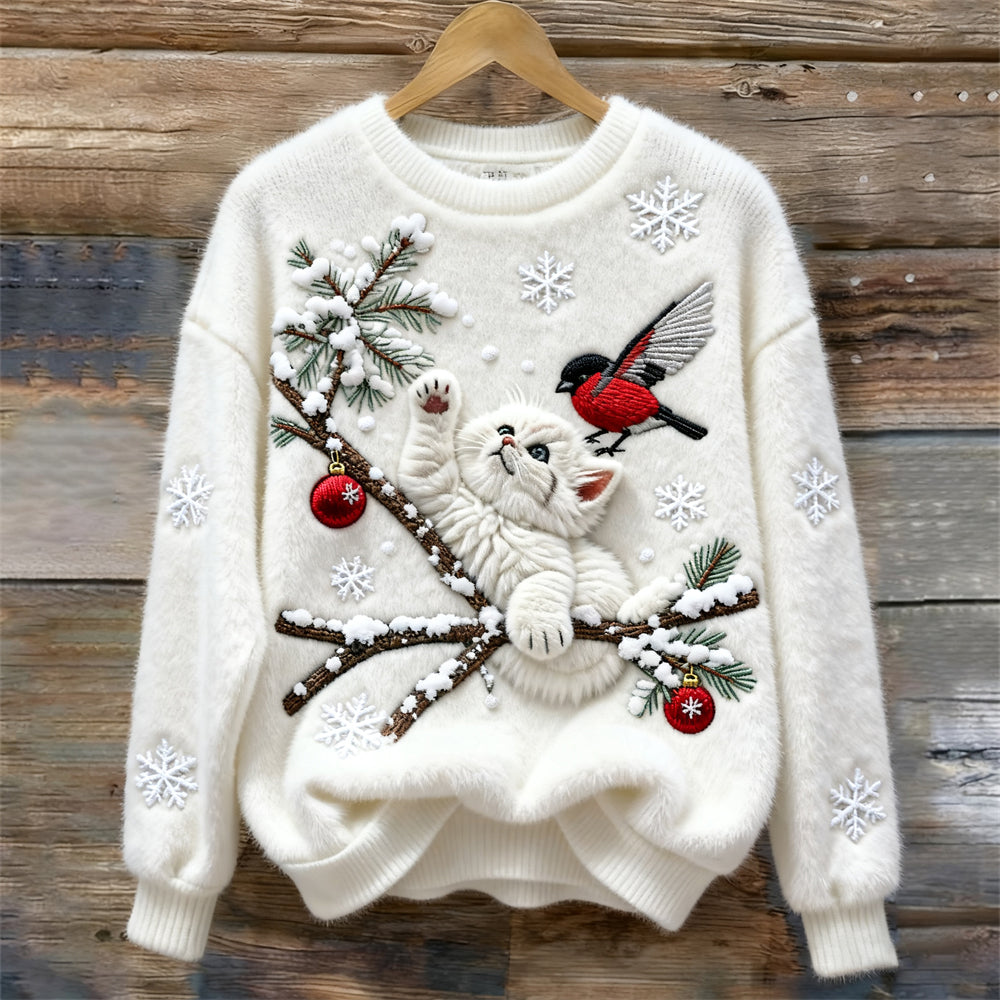 Maglione in peluche accogliente con ricamo di Natale, gatto e uccello per donna