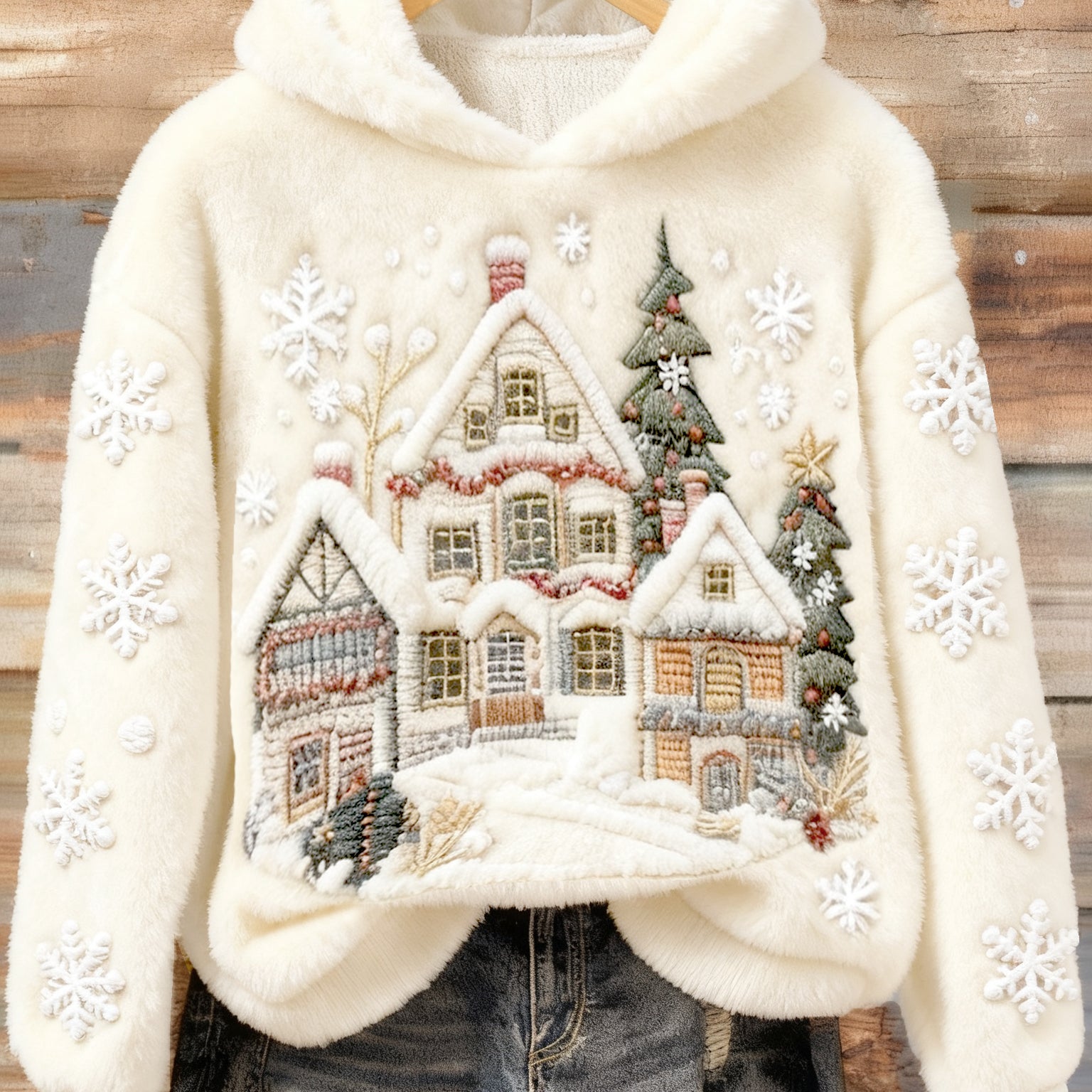 Felpa con cappuccio in flanella comfort ricamata con scena di neve natalizia per donna