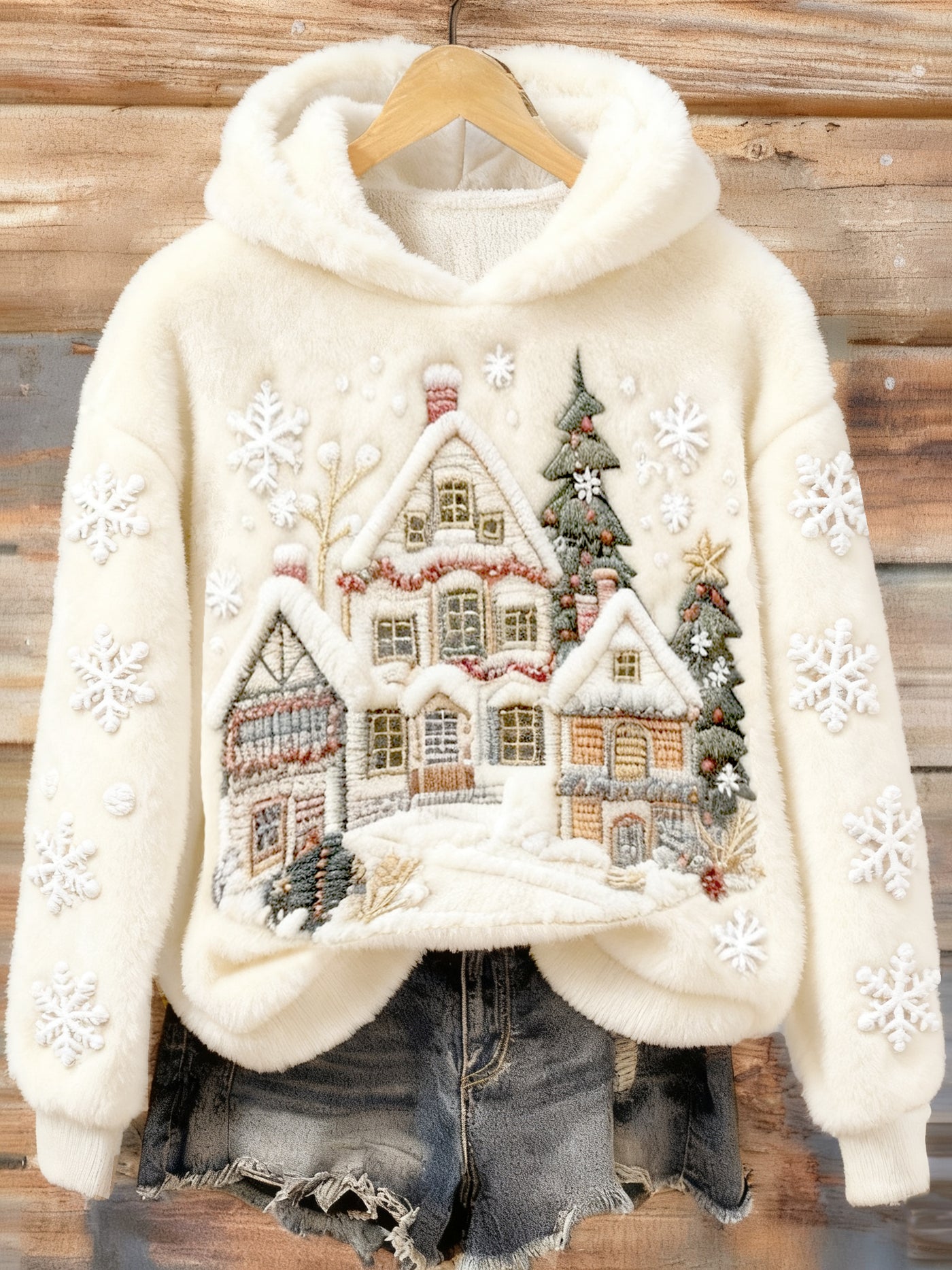 Felpa con cappuccio in flanella comfort ricamata con scena di neve natalizia per donna