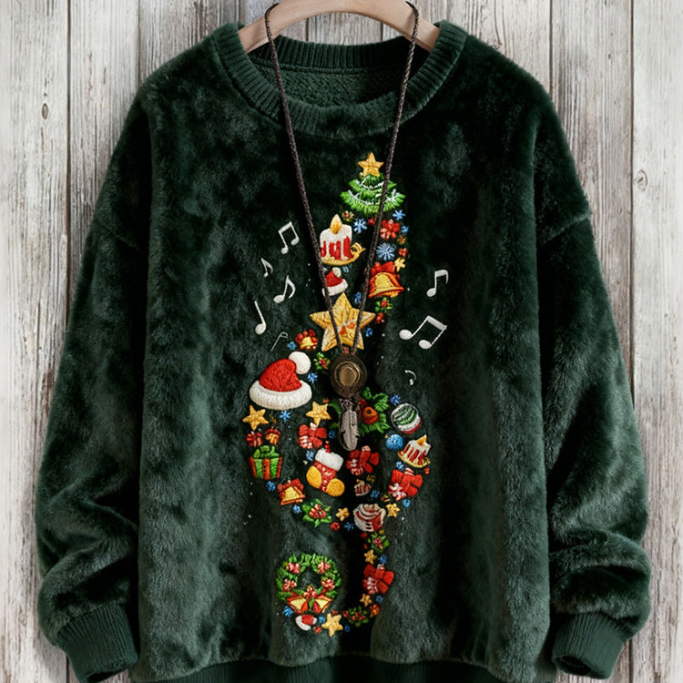 Felpa in Pile Confortevole con Design Ricamato di Musica e Chiave di Violino Natalizia