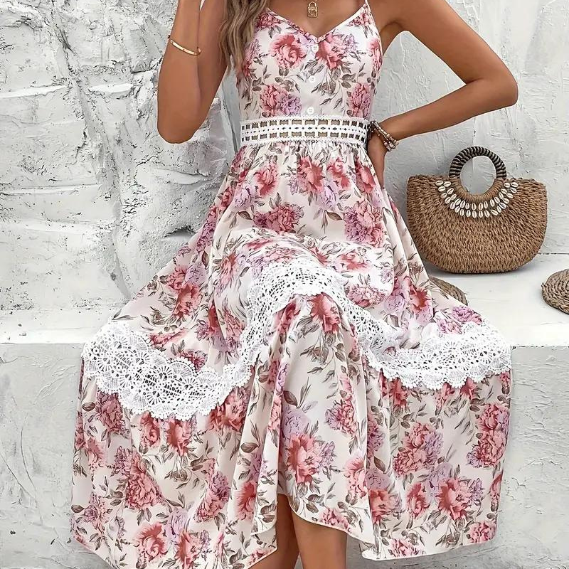 Abito Midi Floreale con Dettagli in Pizzo