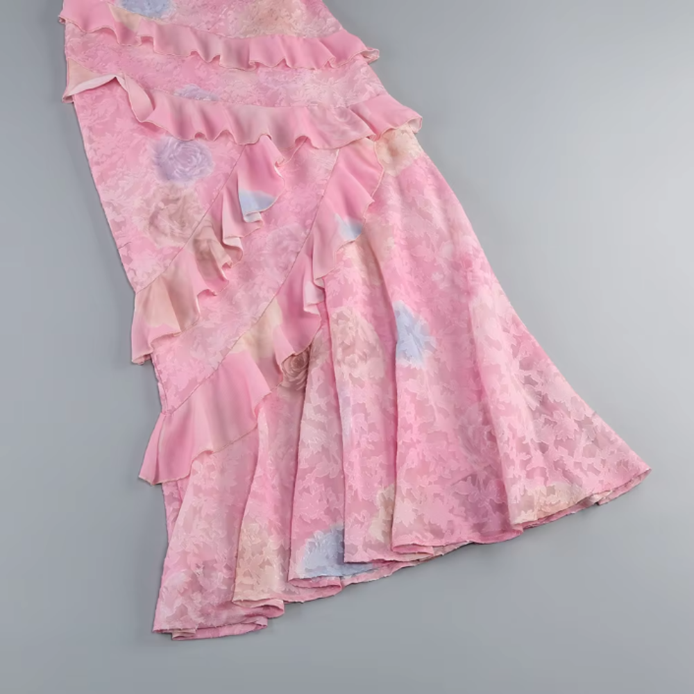 Abito Senza Maniche Floreale con Balze