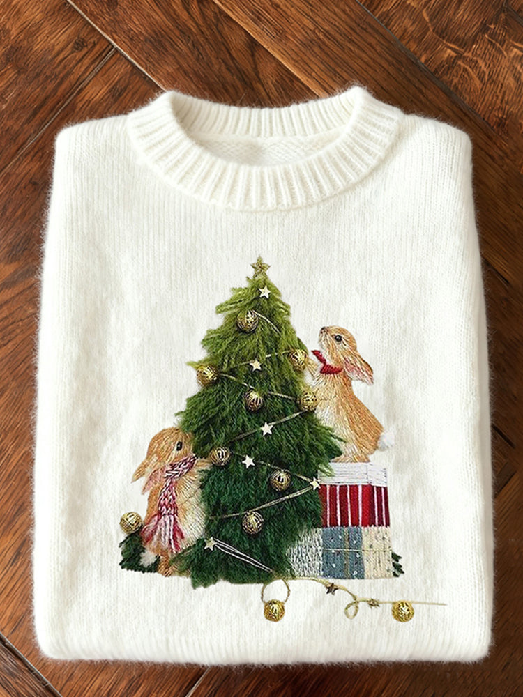 Pullover Accogliente a Maglia con Ricamo di Coniglio e Albero di Natale per Donne