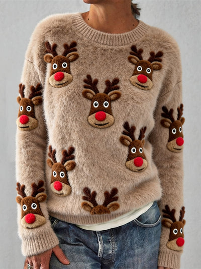 Maglione da Donna in Maglia con Design di Renna Peluche Natalizio