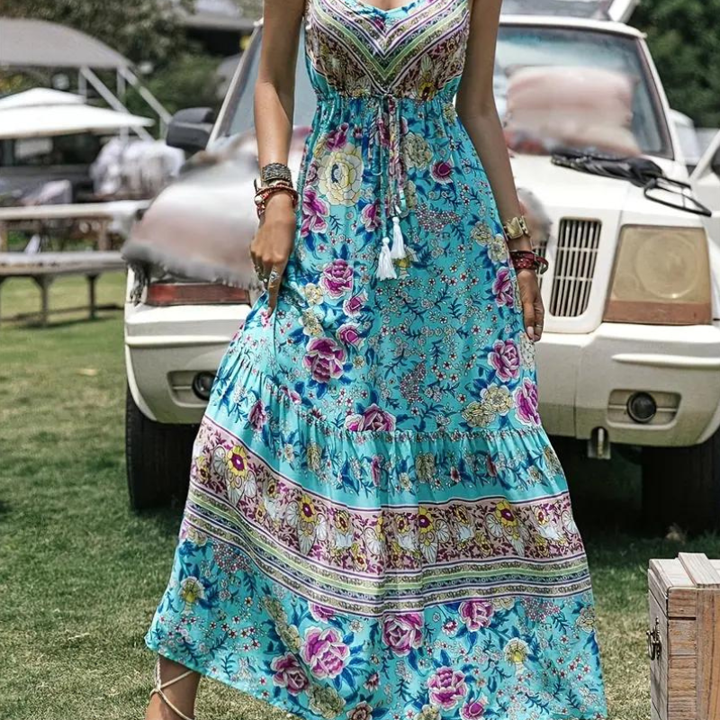 Abito Maxi Stile Bohémien con Stampa Floreale