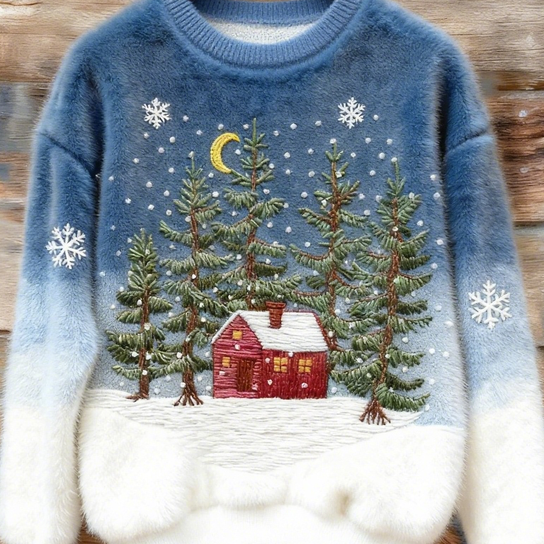 Maglione Femminile in Pile Confortevole con Design di una Casa Rossa di Natale in un Bosco di Fiocchi di Neve e Alberi di Natale