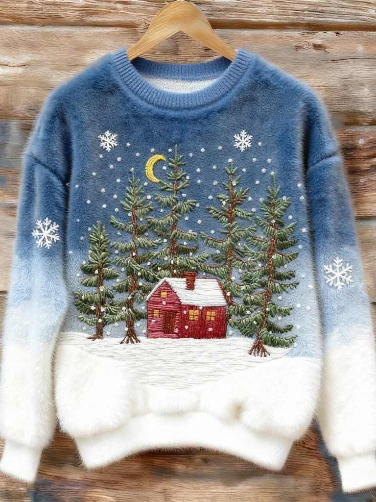 Maglione Femminile in Pile Confortevole con Design di una Casa Rossa di Natale in un Bosco di Fiocchi di Neve e Alberi di Natale