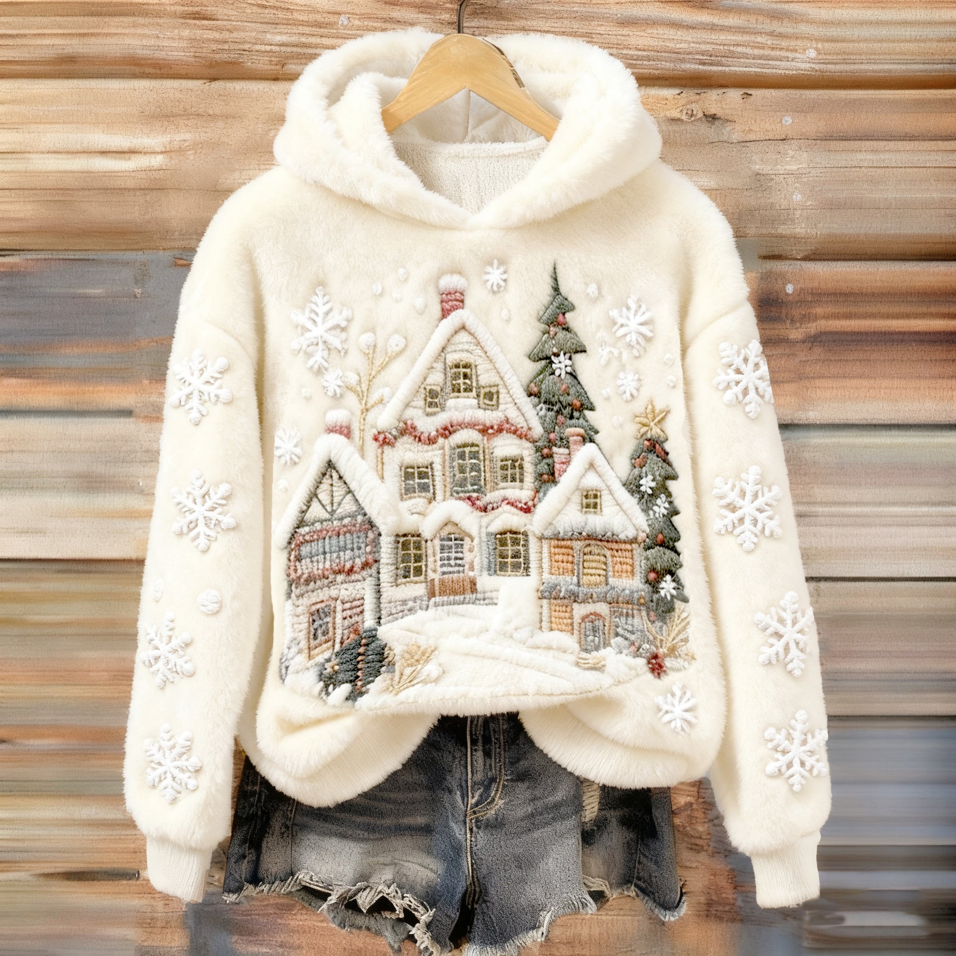 Felpa con cappuccio in flanella comfort ricamata con scena di neve natalizia per donna