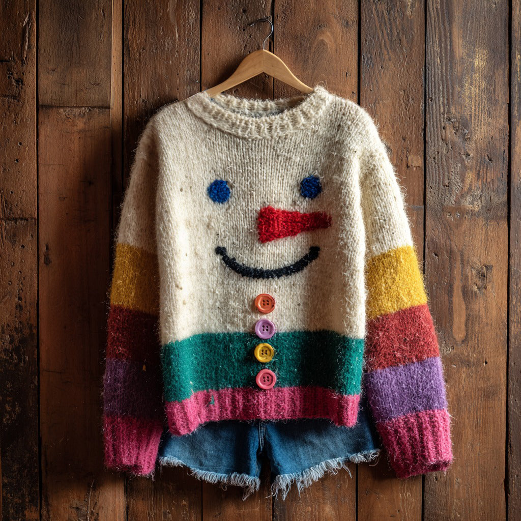 Maglione Accogliente a Tema Pupazzo di Neve con Design a Colori a Contrasto