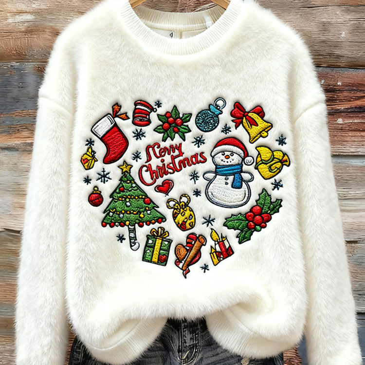 Felpa in flanella accogliente da donna con collo rotondo per il Natale invernale