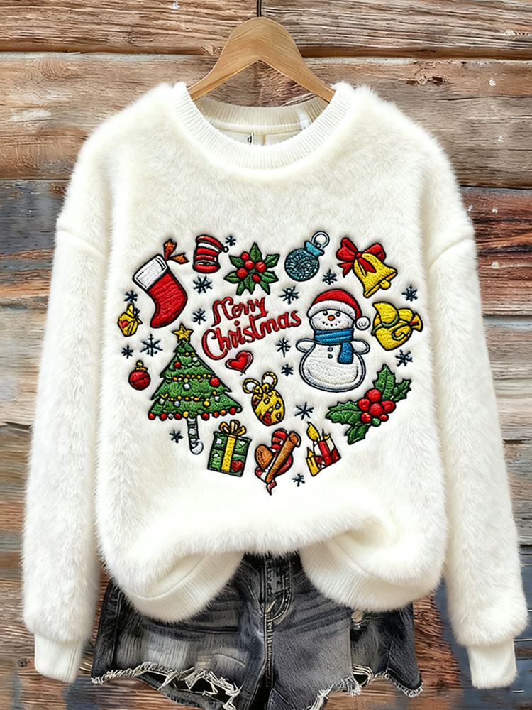 Felpa in flanella accogliente da donna con collo rotondo per il Natale invernale