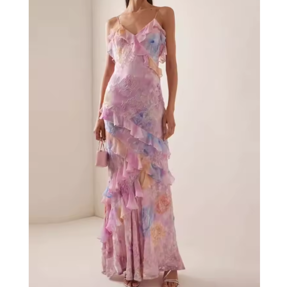 Abito Senza Maniche Floreale con Balze