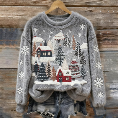 Maglione Morbido e Confortevole con Ricamo di Scena Innevata di Natale per Donne