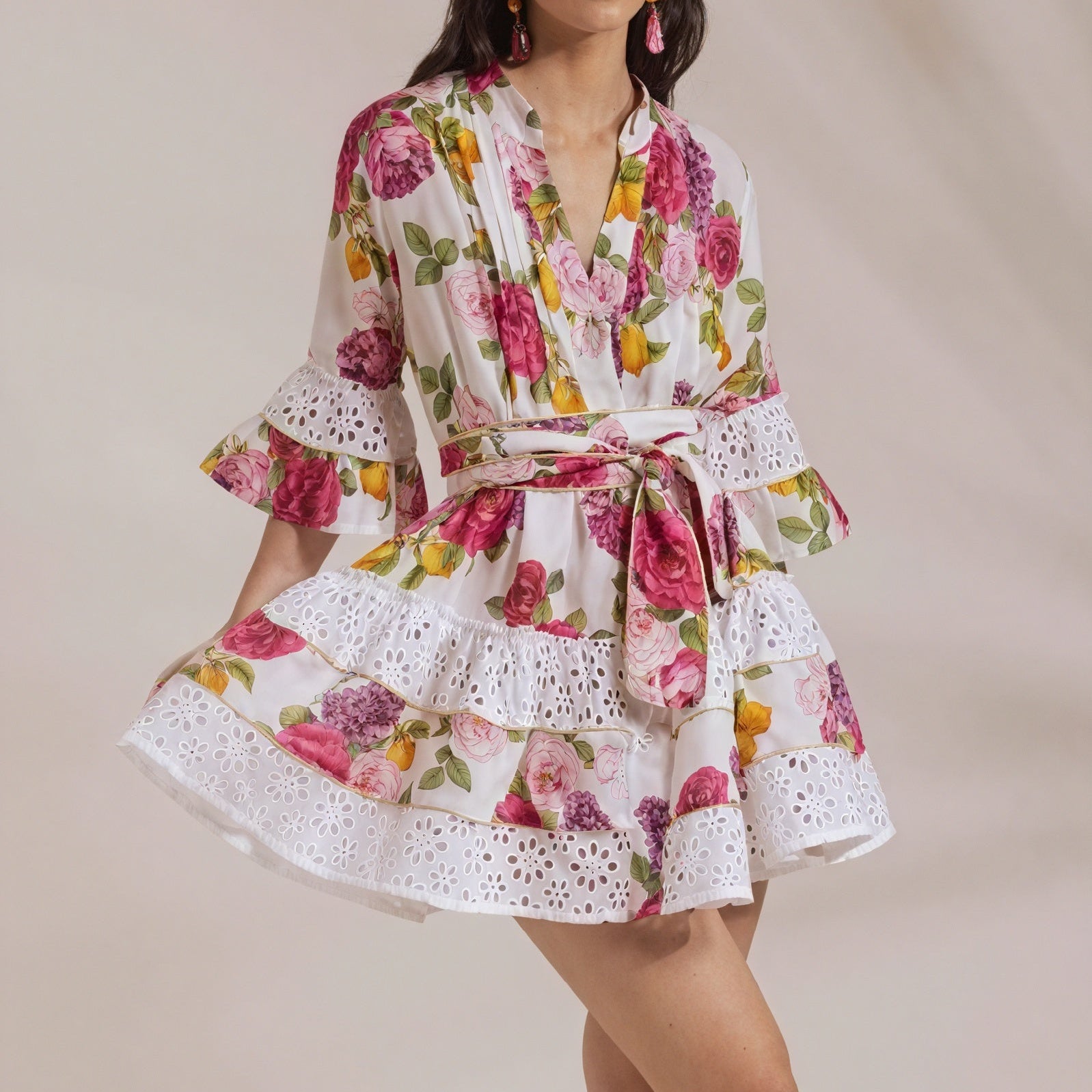 Abito Corto a Portafoglio con Stampa Floreale