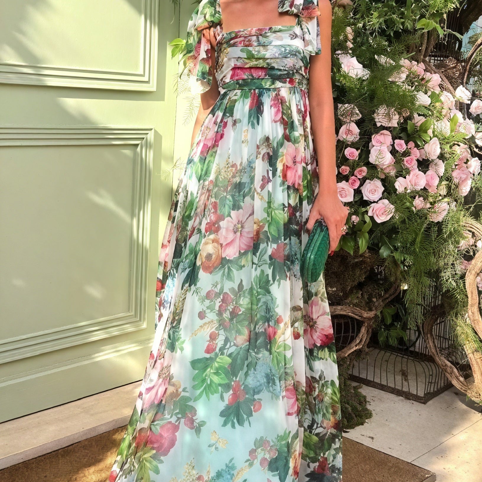 Abito Lungo con Stampa Floreale e Fiocchi