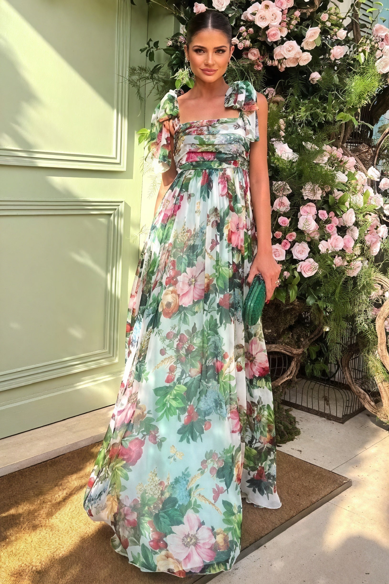 Abito Lungo con Stampa Floreale e Fiocchi