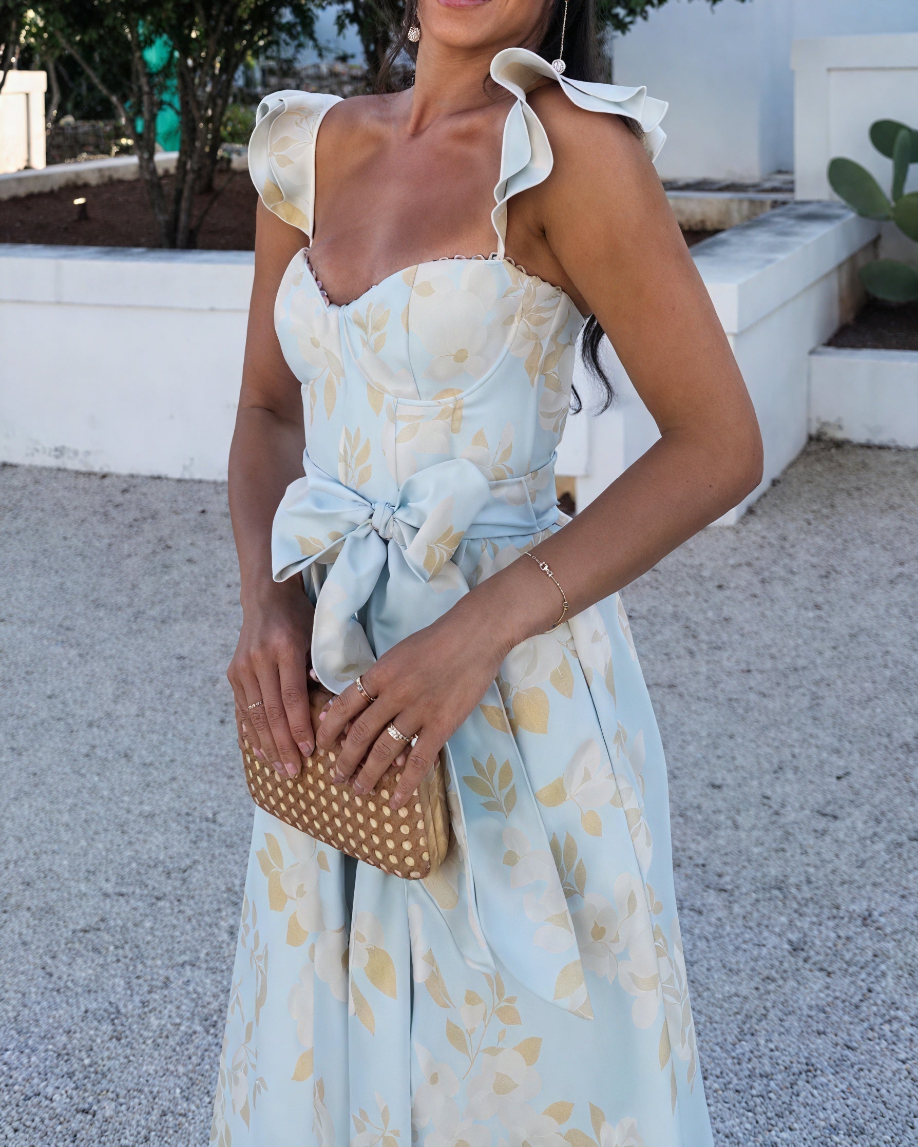 Abito Midi Floreale con Fiocco e Spacco Anteriore