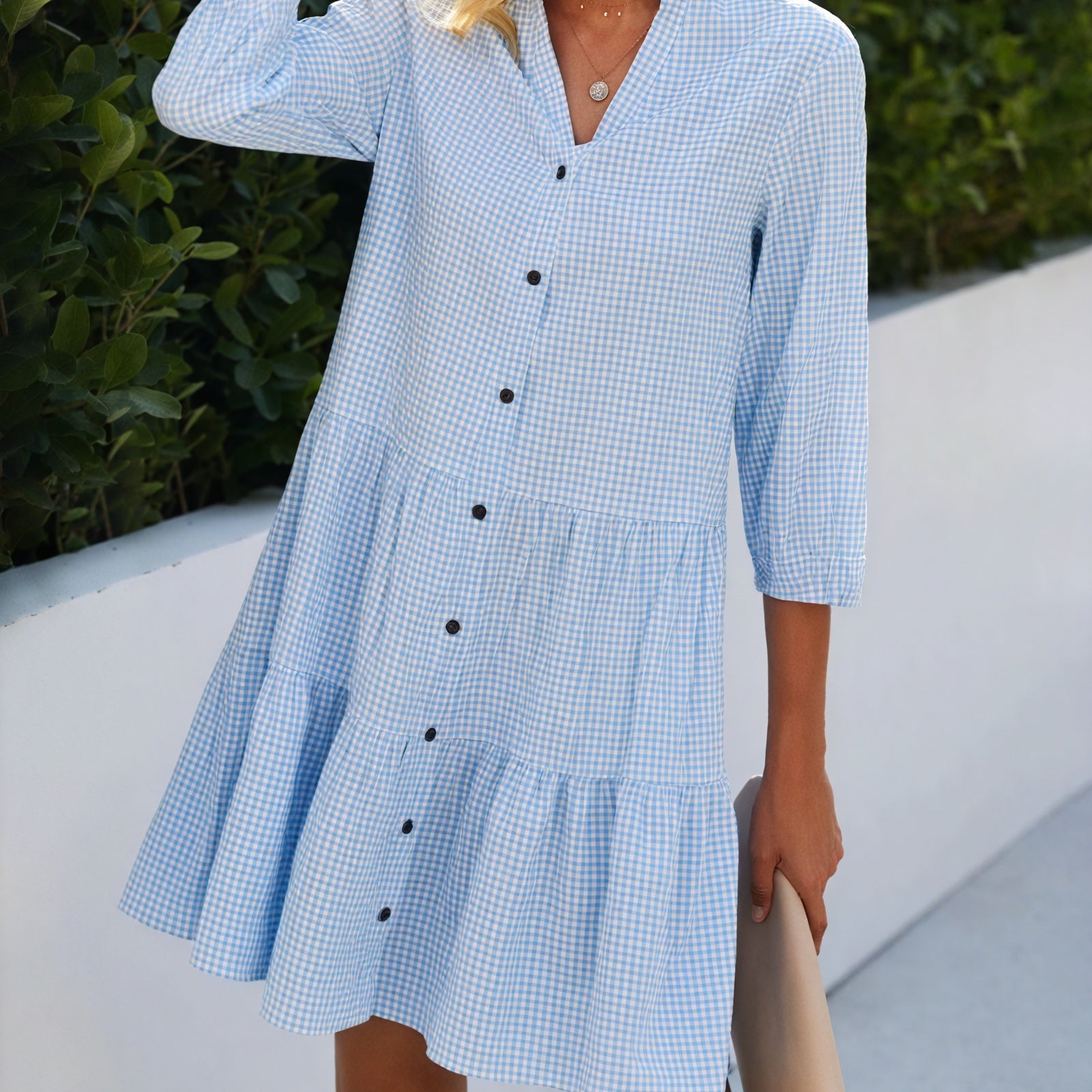 Abito a Quadri Vichy con Abbottonatura e Gonna a Balze