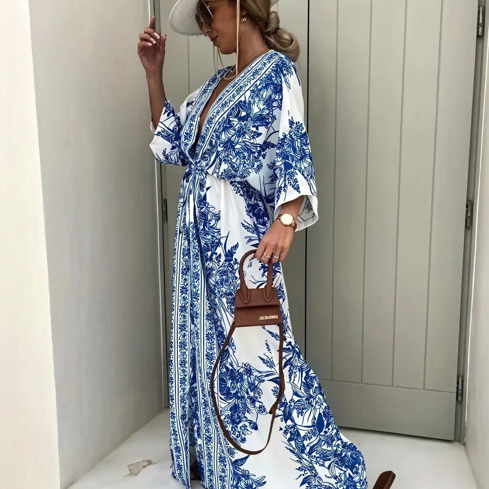 Abito Maxi Stile Kimono con Cintura