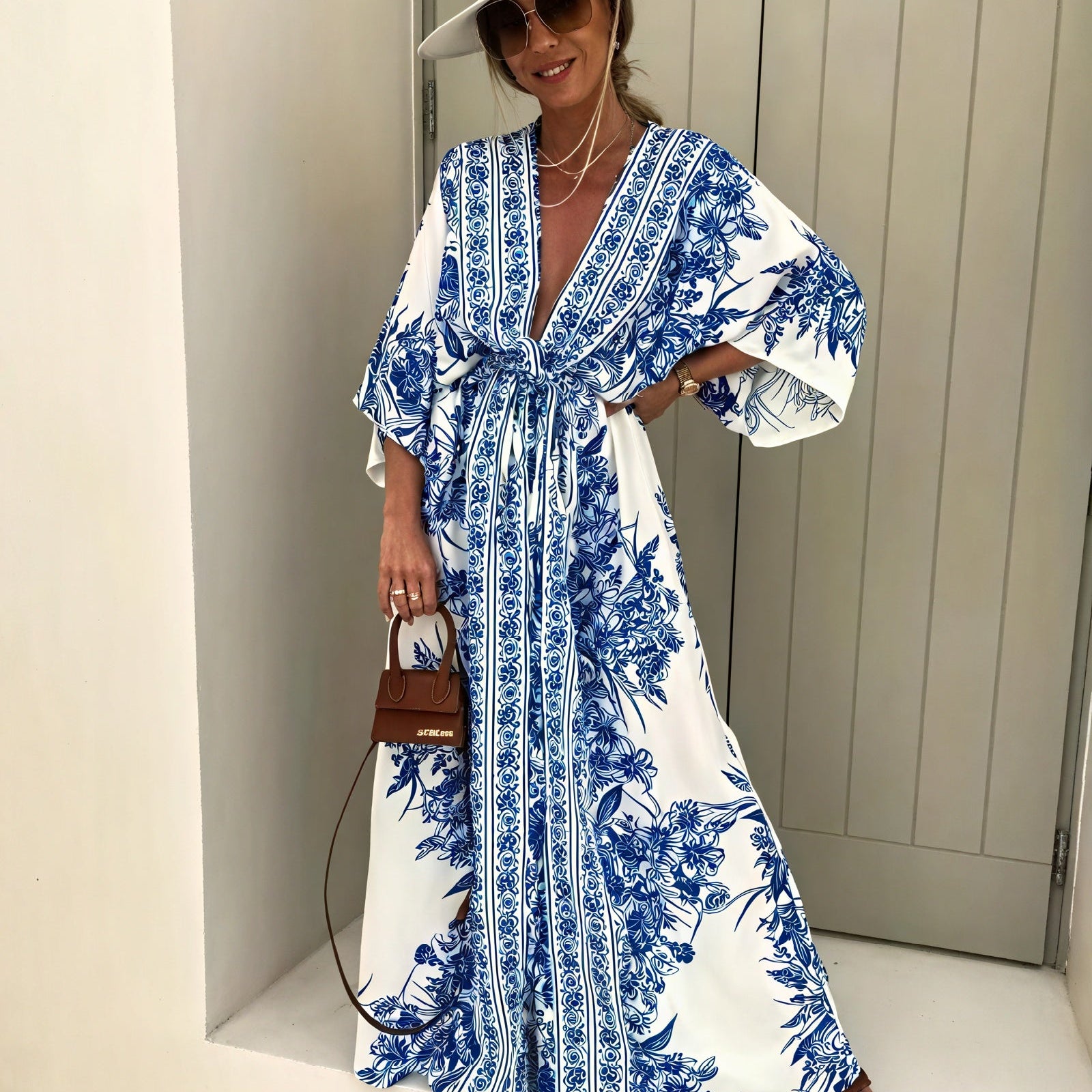 Abito Maxi Stile Kimono con Cintura
