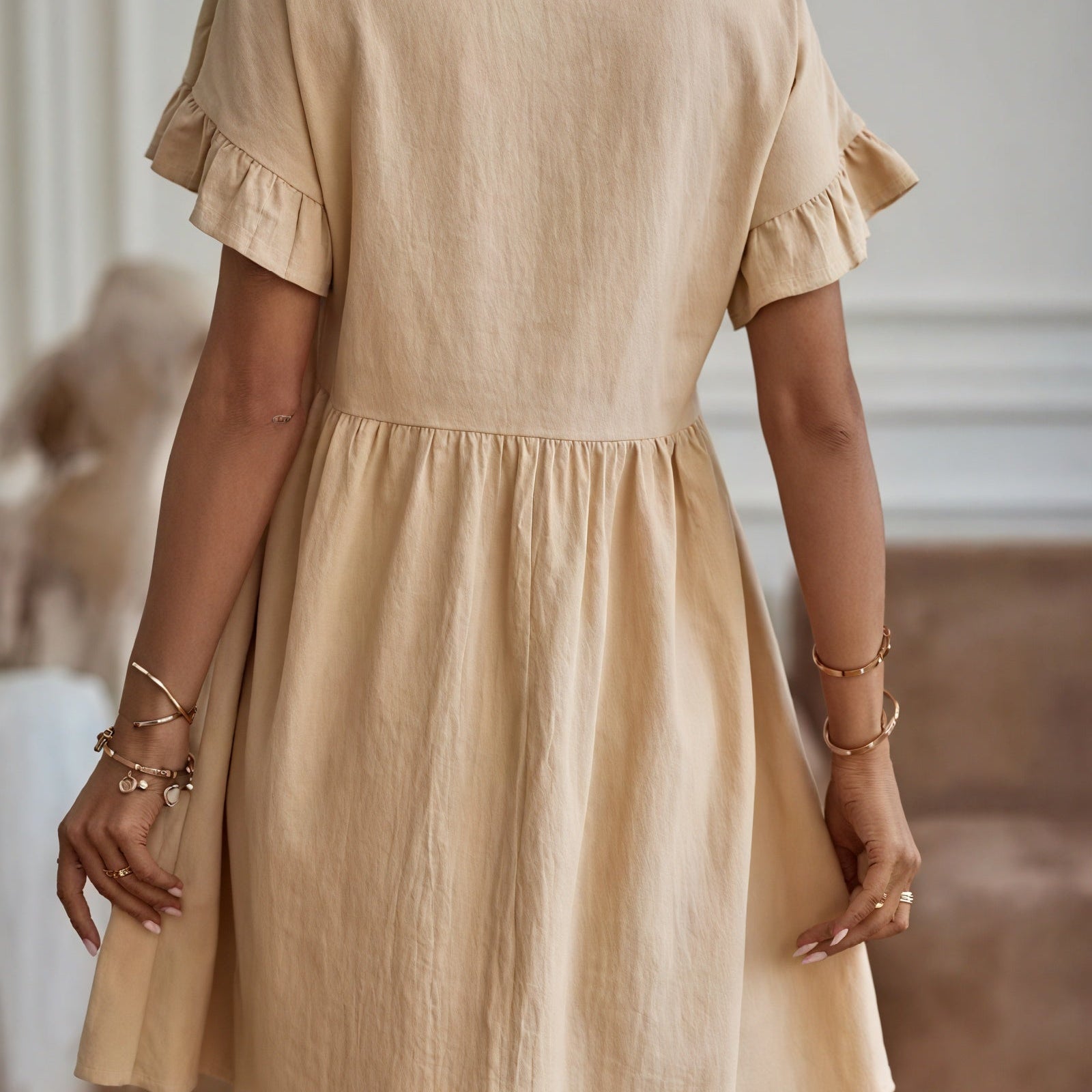 Abito Donna A-line con Maniche a Volant e Vita Arricciata