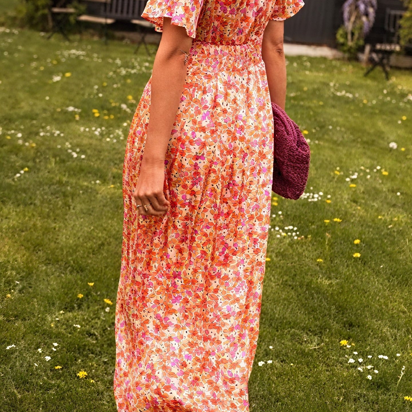 Abito Floreale Donna – Scollo a V e Gonna Plissé