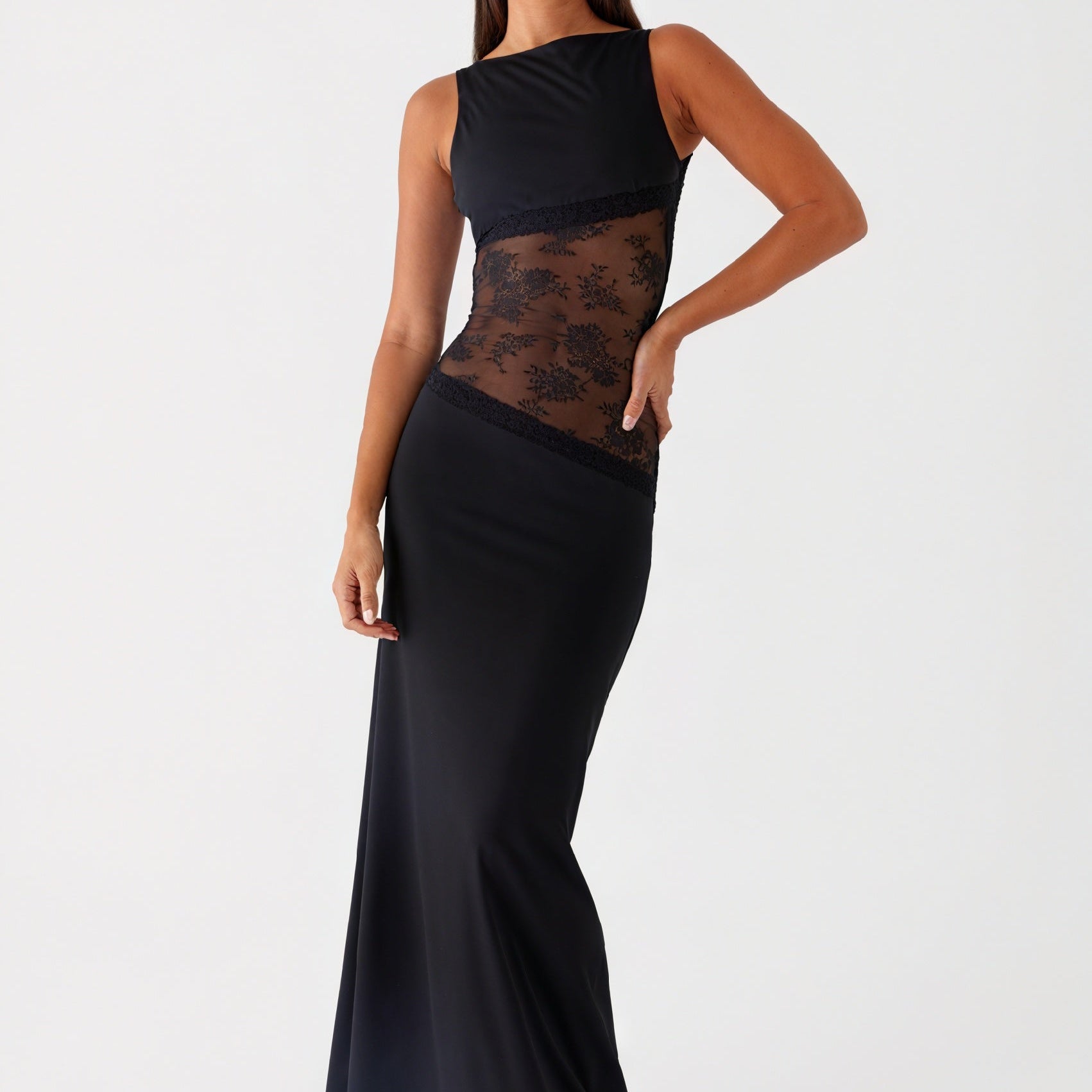 Abito Maxi Senza Maniche con Pannello in Pizzo