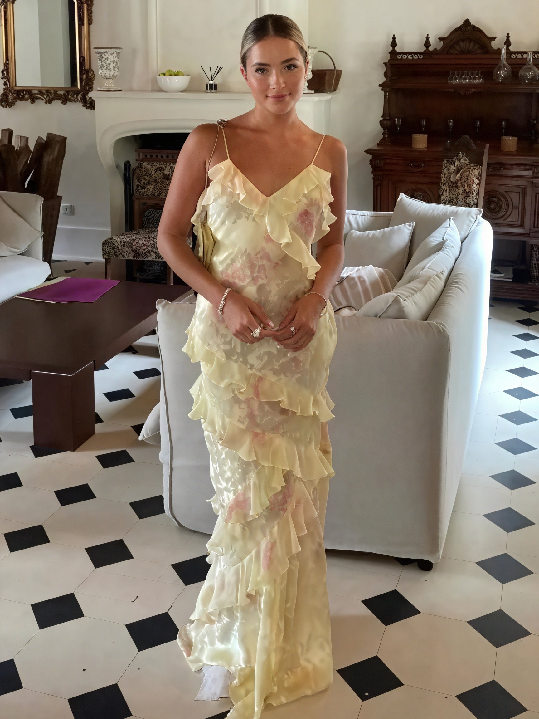 Abito Senza Maniche Floreale con Balze