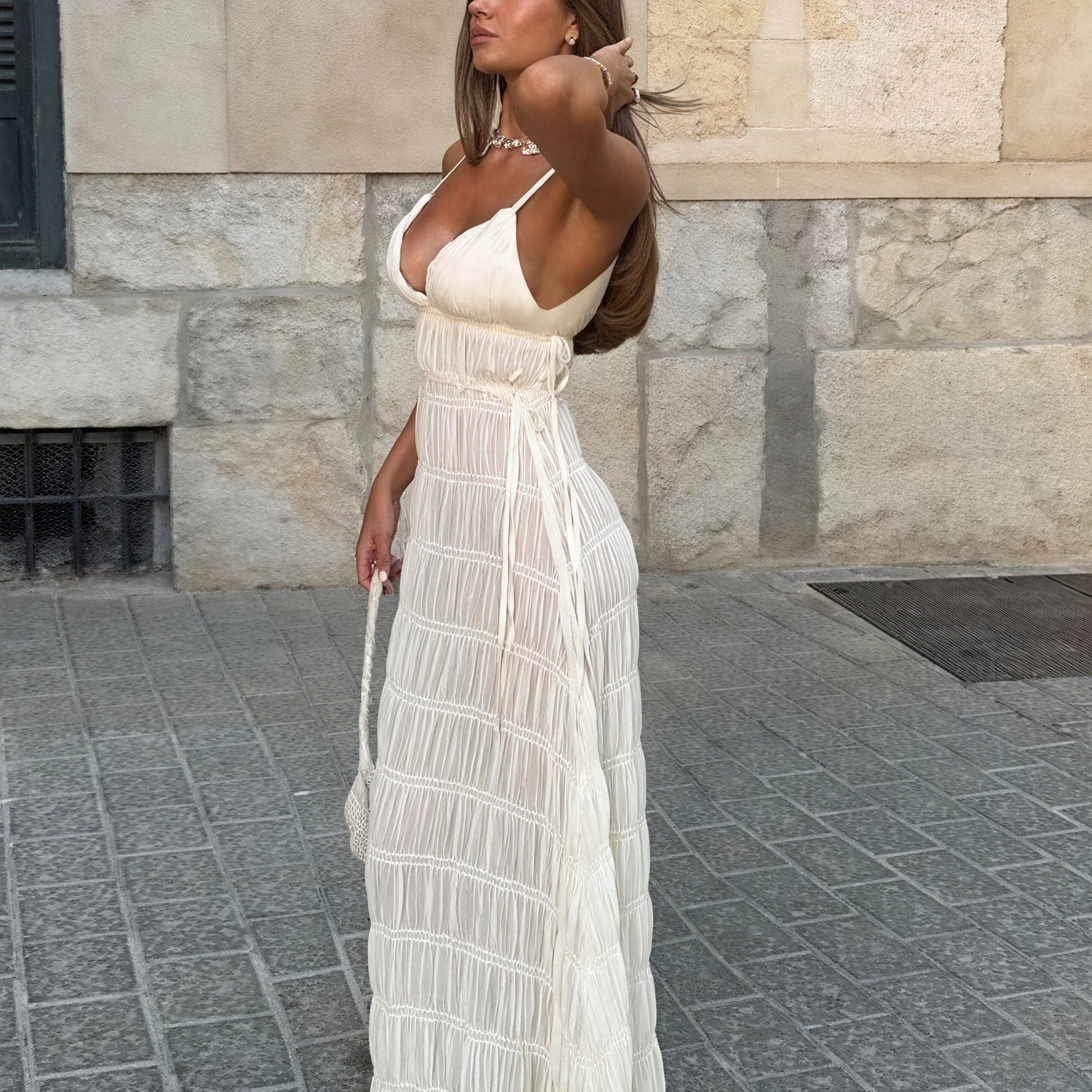 Abito Maxi Plissé con Spalline Sottili