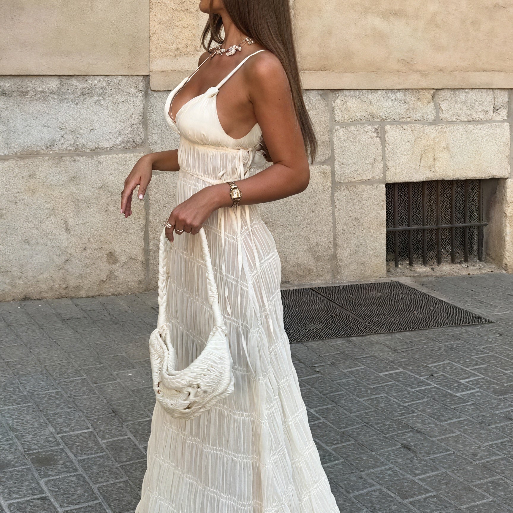 Abito Maxi Plissé con Spalline Sottili