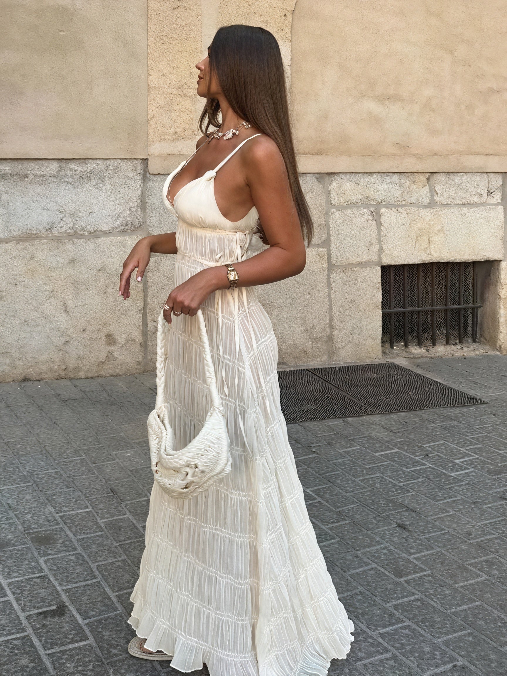 Abito Maxi Plissé con Spalline Sottili