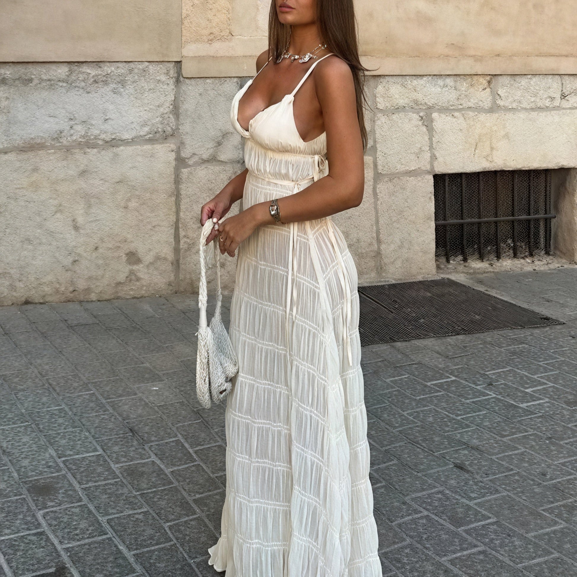 Abito Maxi Plissé con Spalline Sottili