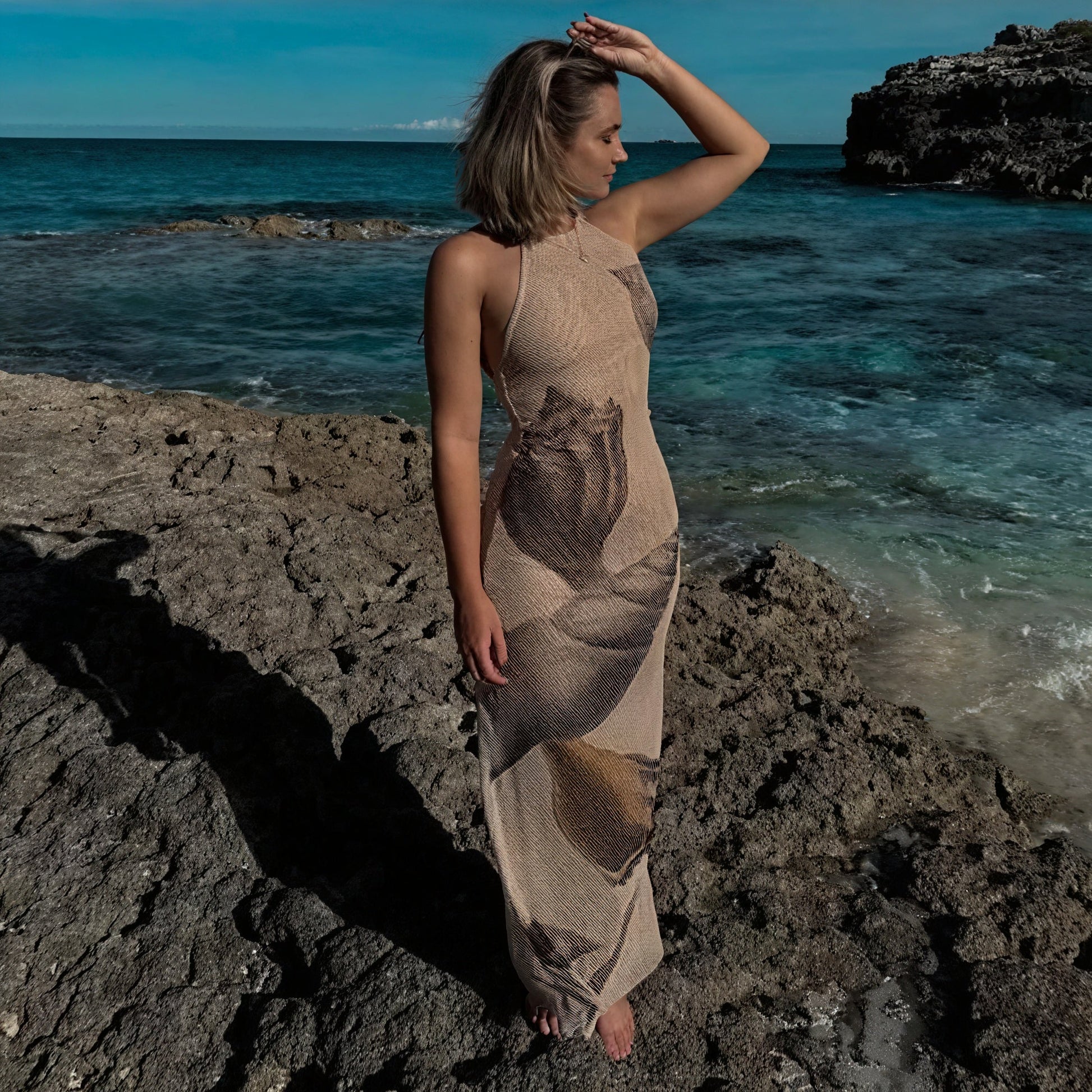 Abito Maxi Halter Stampa Unica Tessuto Testurizzato