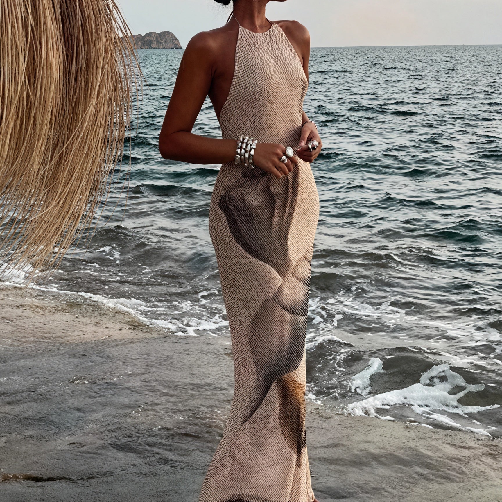 Abito Maxi Halter Stampa Unica Tessuto Testurizzato