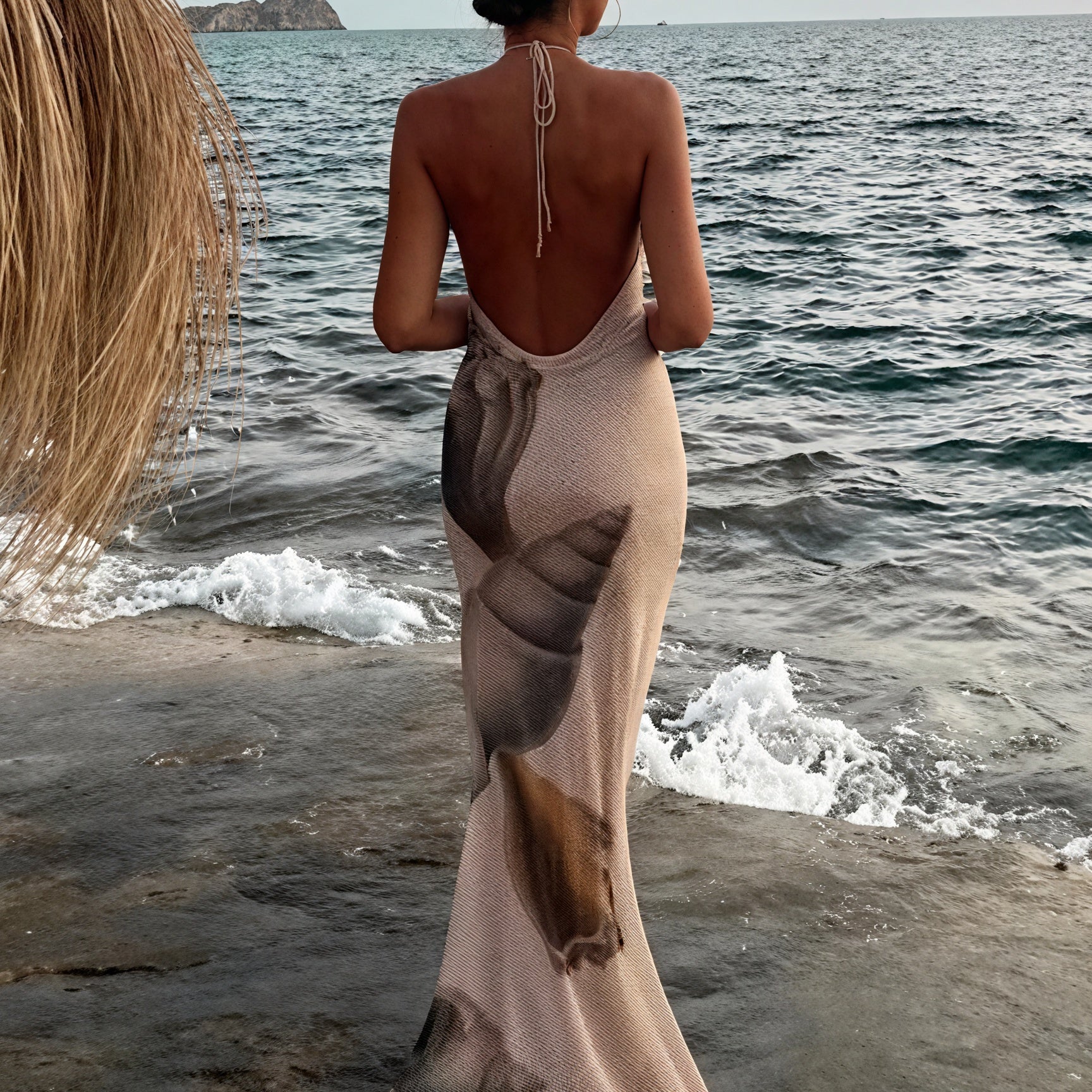 Abito Maxi Halter Stampa Unica Tessuto Testurizzato