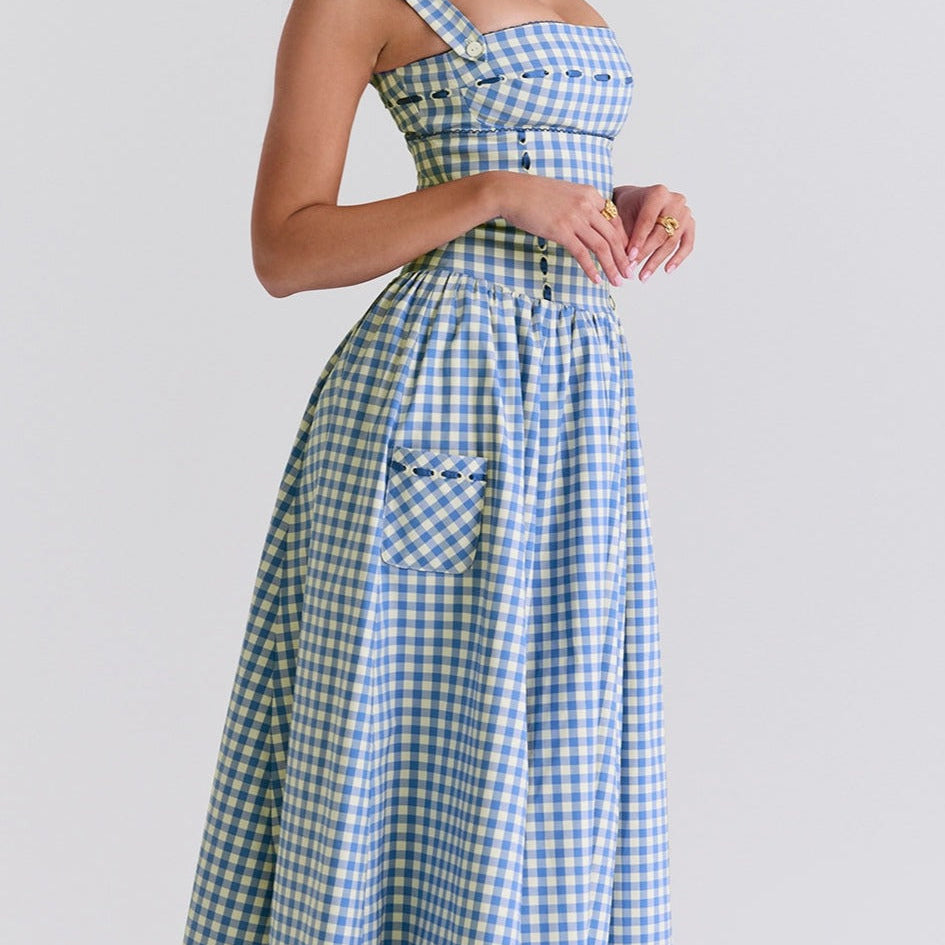 Abito Gingham con Scollo Quadrato e Bottoni