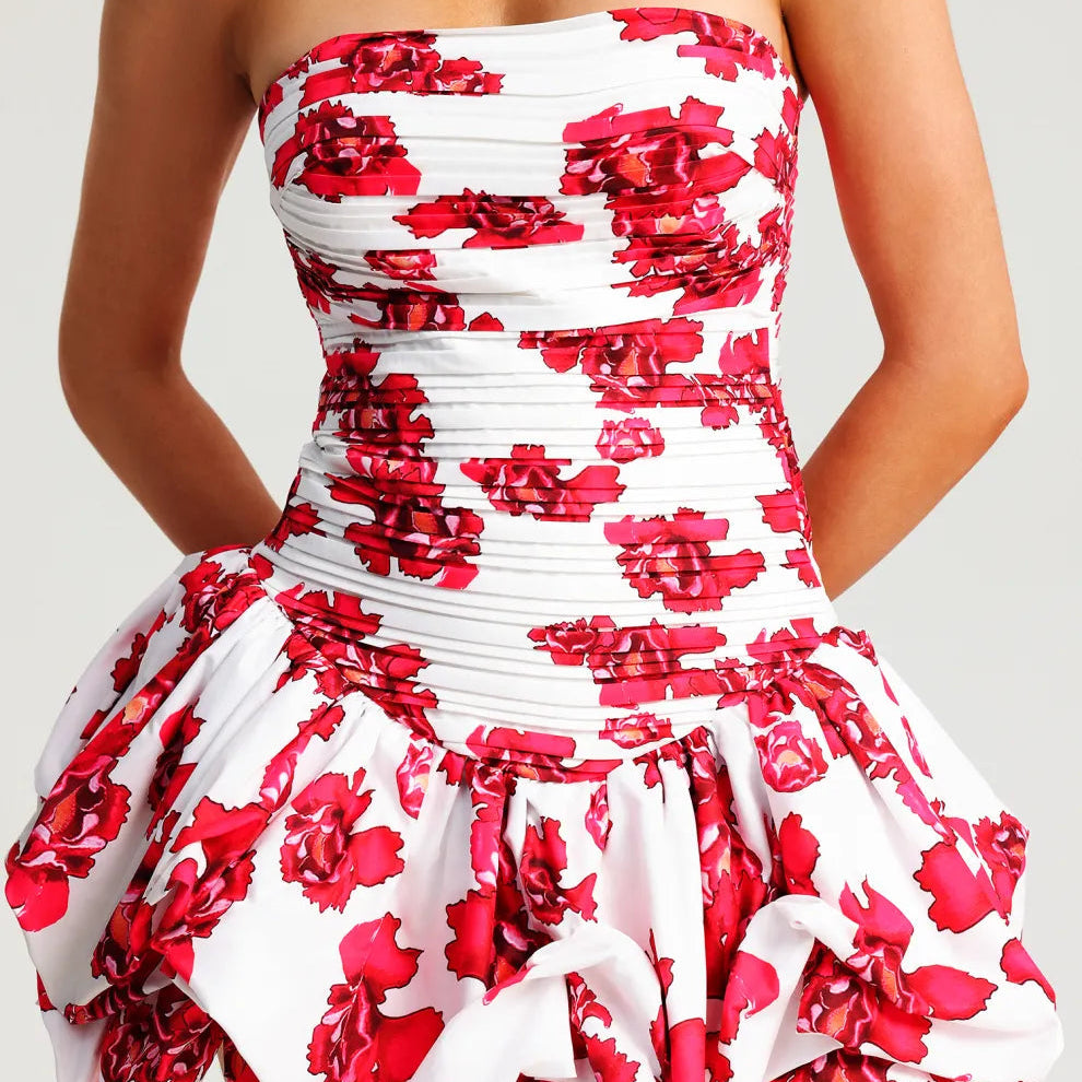 Abito Floreale Senza Spalline – Corpetto Strutturato e Balze