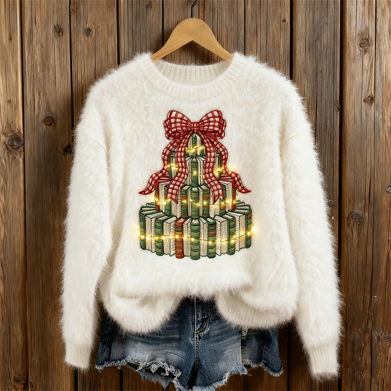 Maglione Ricamato Accogliente per Amanti dei Libri - Design Albero di Natale