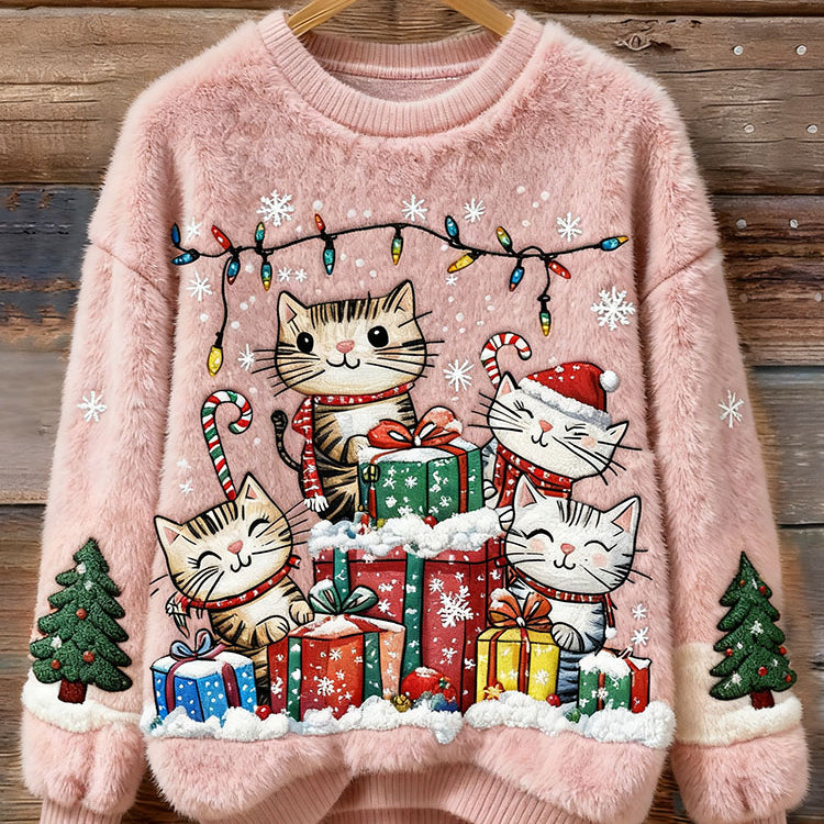 Felpa in Pile Ricamata con Gatto di Natale per Donne