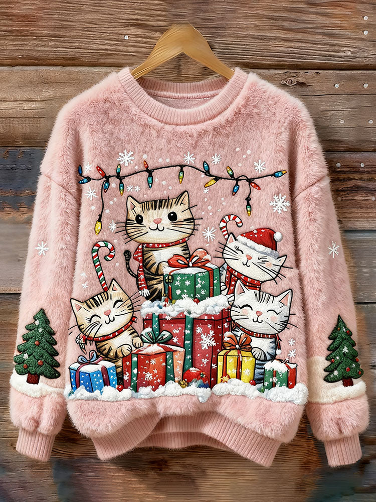 Felpa in Pile Ricamata con Gatto di Natale per Donne
